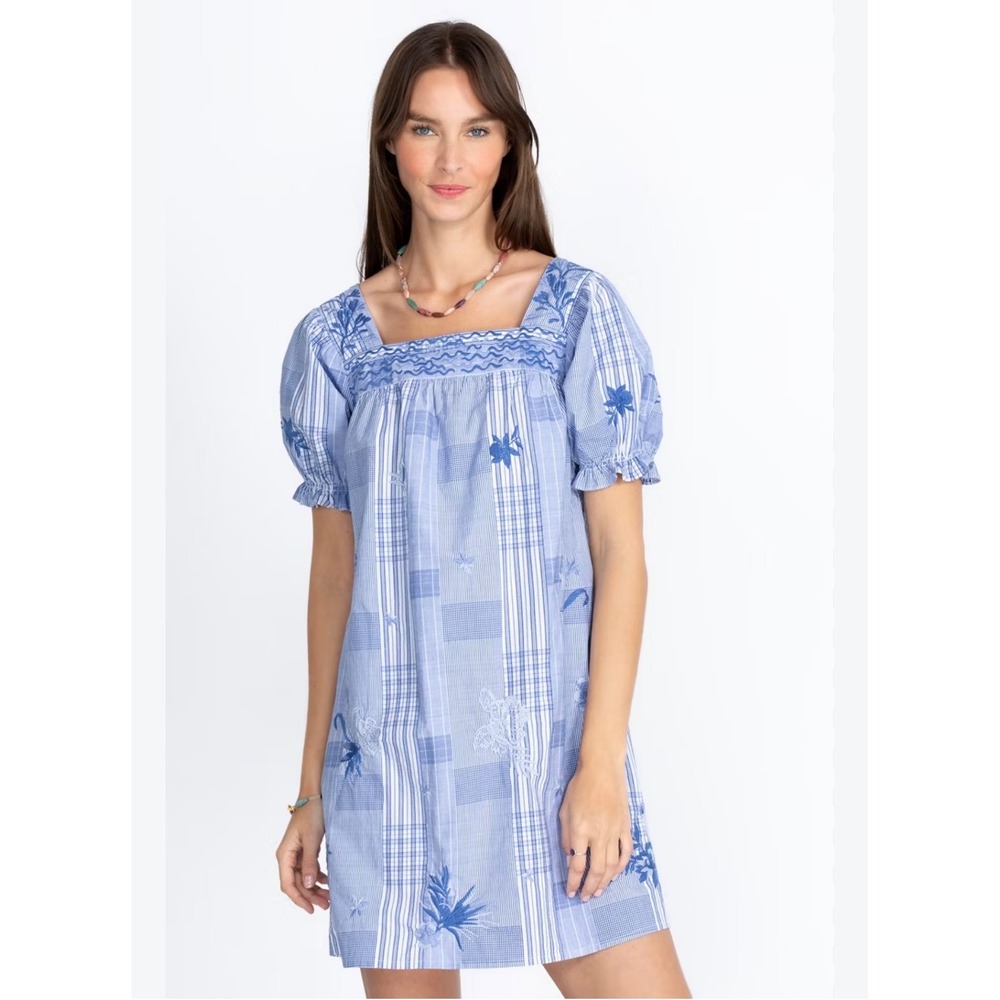 Johnny Was Marbella Dress Womens XL Blue Striped Embroidered Smocked Mini Boho